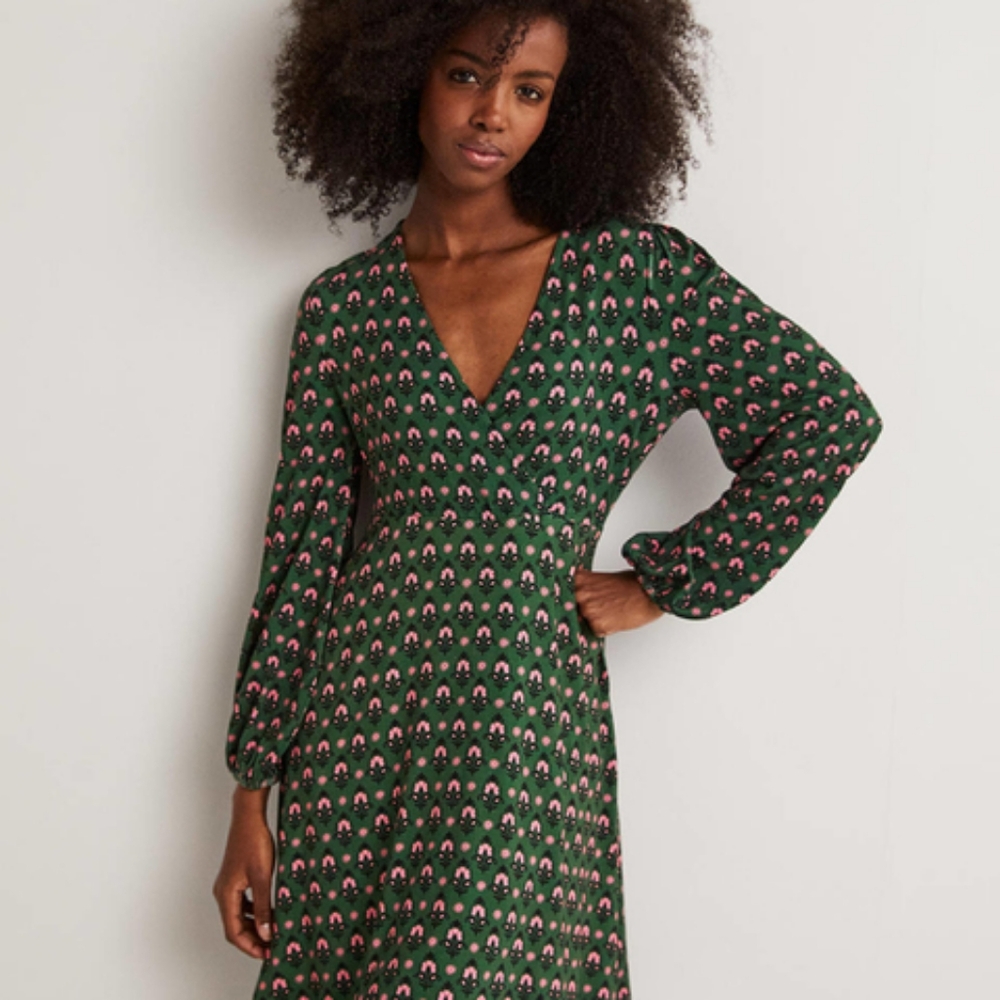Easy Fixed Wrap Jersey Dress - Hunter Green, Tapestry Bud